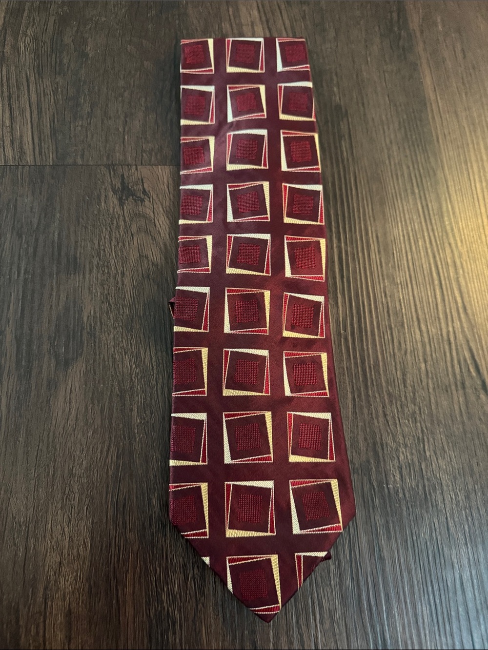 Donna Karan Burgundy and Gold Geometric Silk Tie